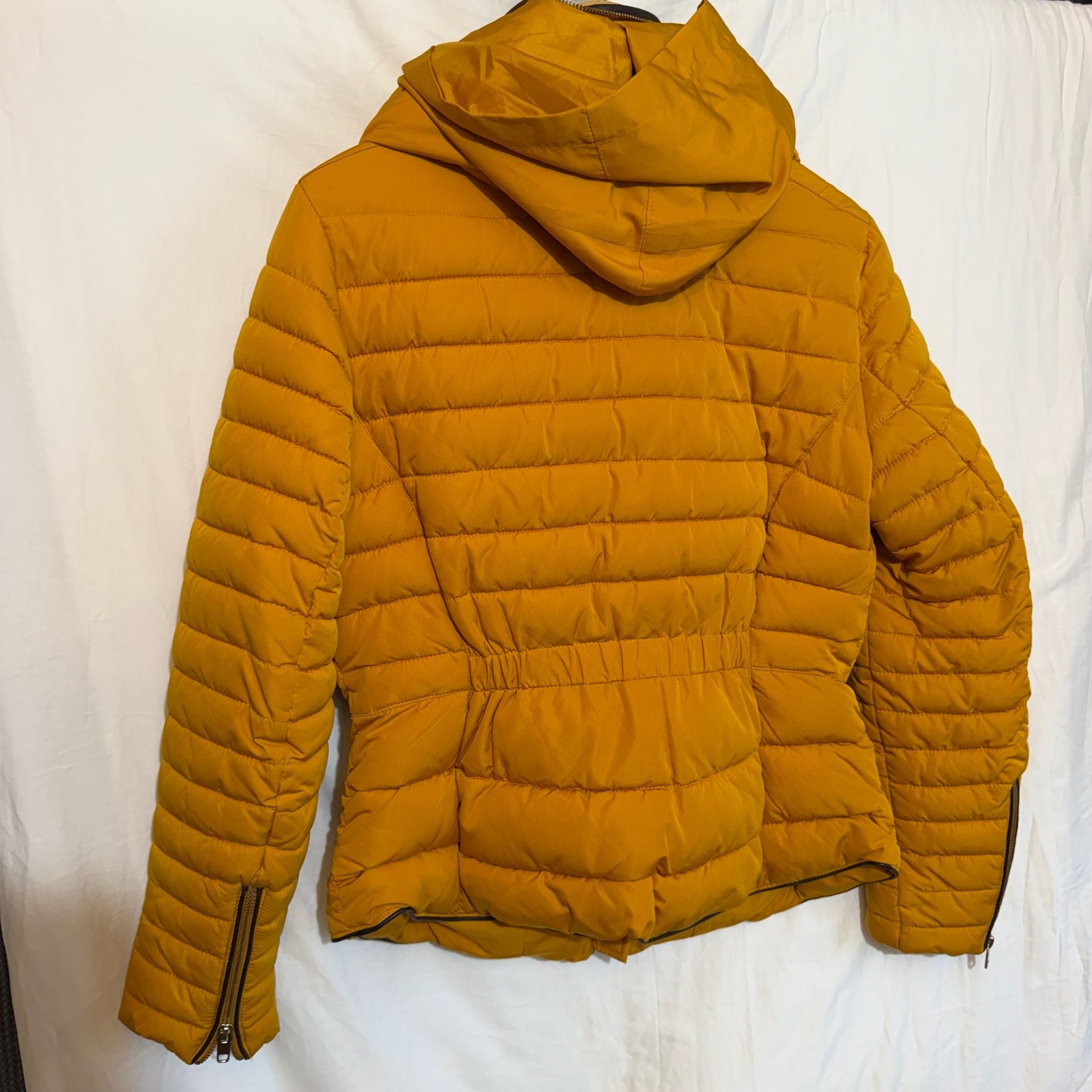 Zara Basic Outerwear Puffer Jacket Size L Yellow Quilted Fur Collar 8