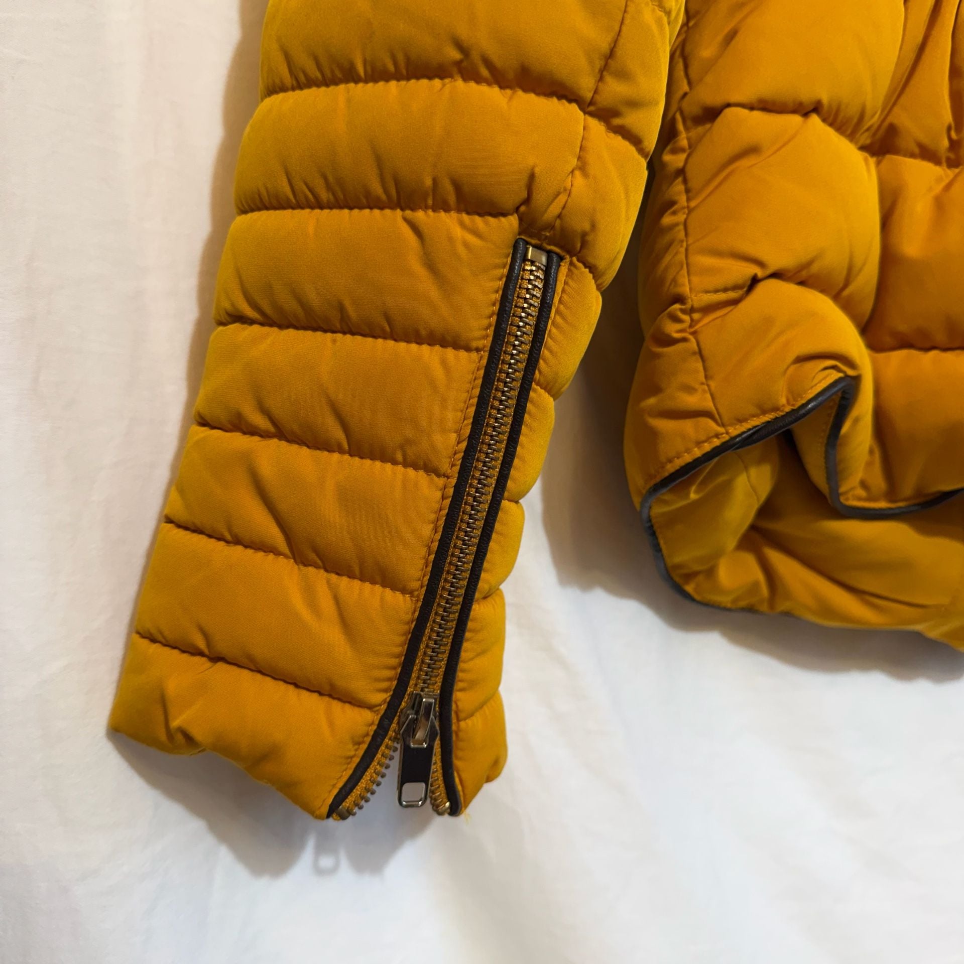 Zara Basic Outerwear Puffer Jacket Size L Yellow Quilted Fur Collar 9