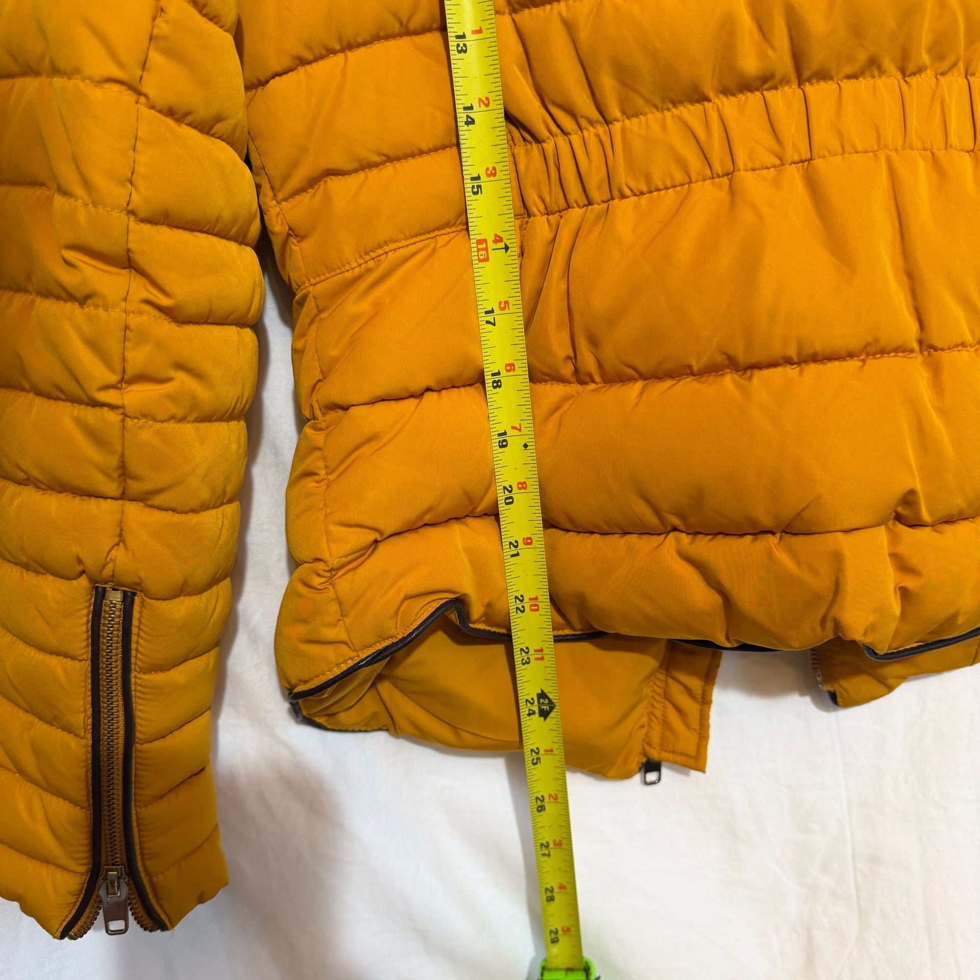 Zara Basic Outerwear Puffer Jacket Size L Yellow Quilted Fur Collar 11