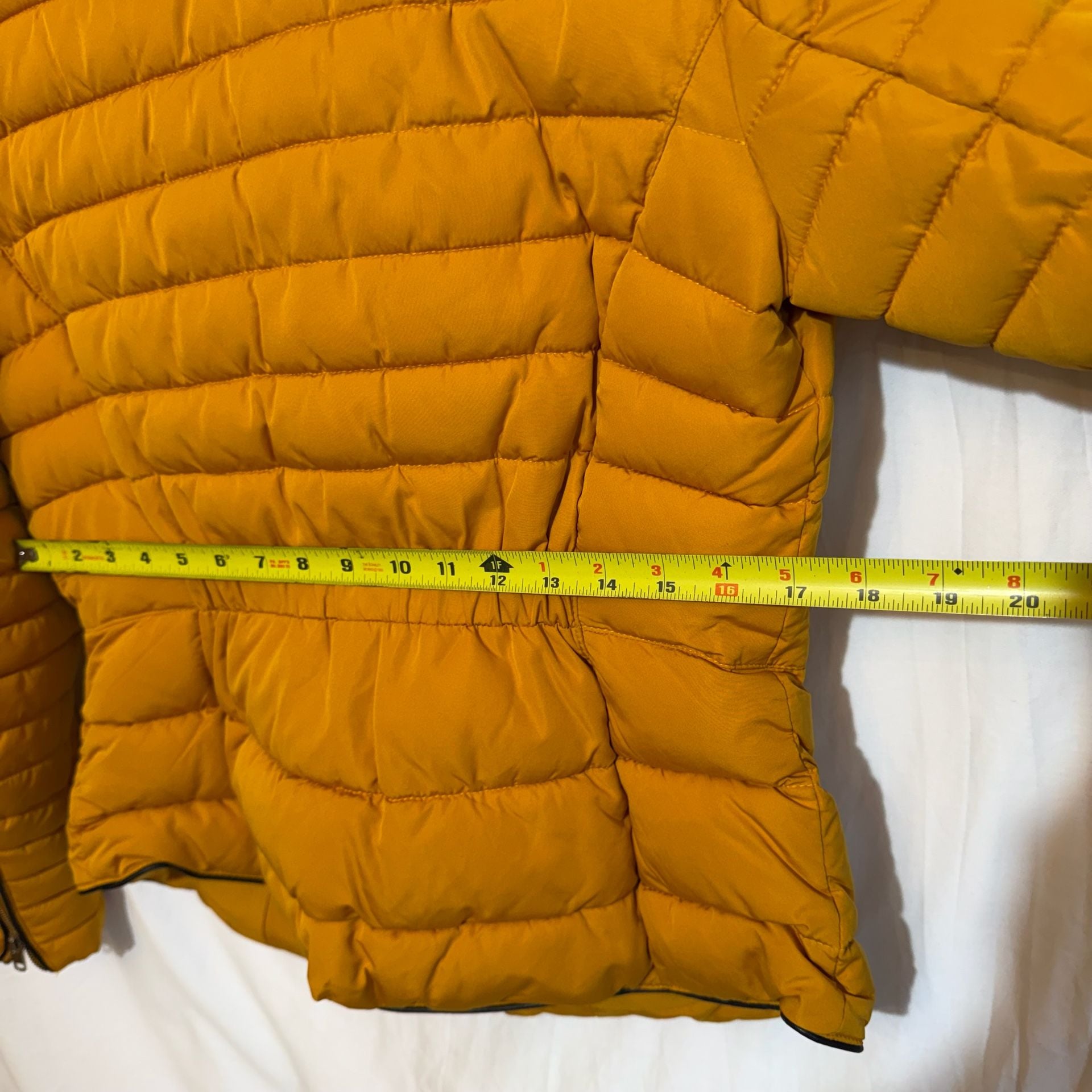 Zara Basic Outerwear Puffer Jacket Size L Yellow Quilted Fur Collar 13