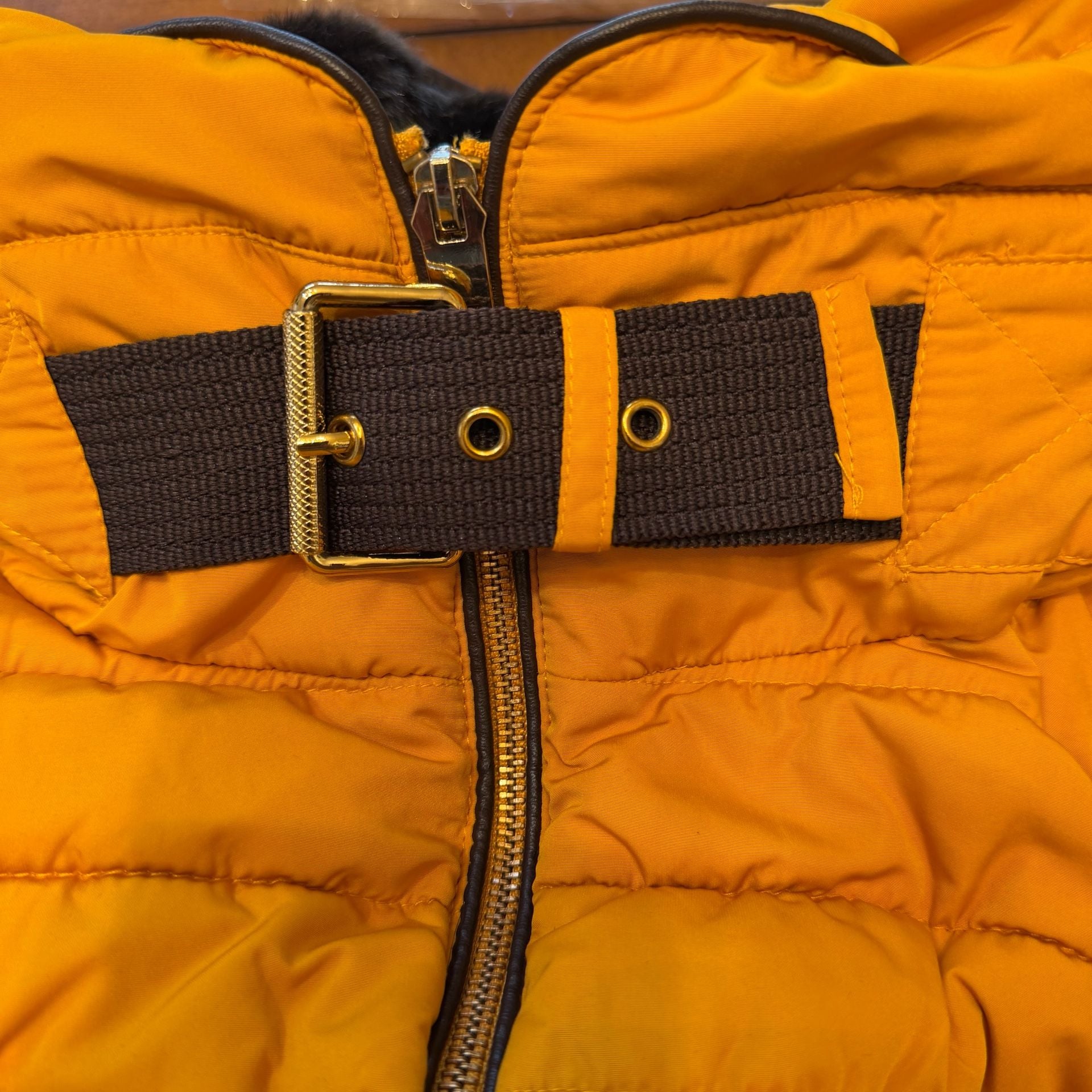 Zara Basic Outerwear Puffer Jacket Size L Yellow Quilted Fur Collar 15