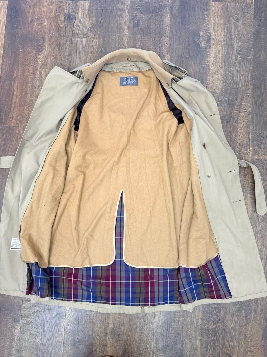 Lord Jeff The Man's Shop Tan Double Breasted Trench Coat Plaid Lining 7