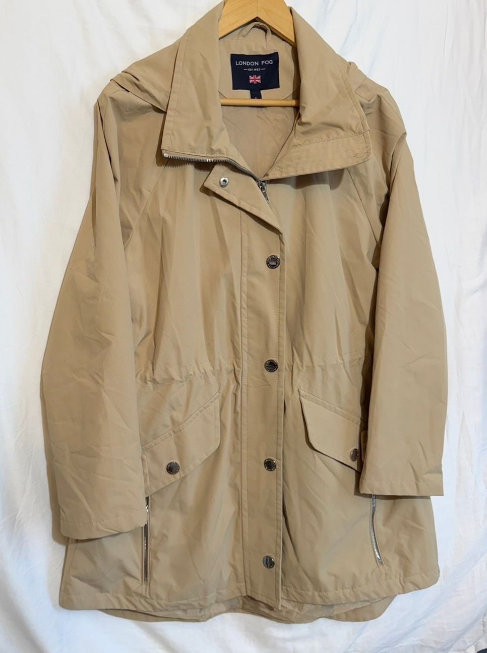 London Fog Hooded Rain Jacket Size L Khaki Beige Trench Coat Parka 2