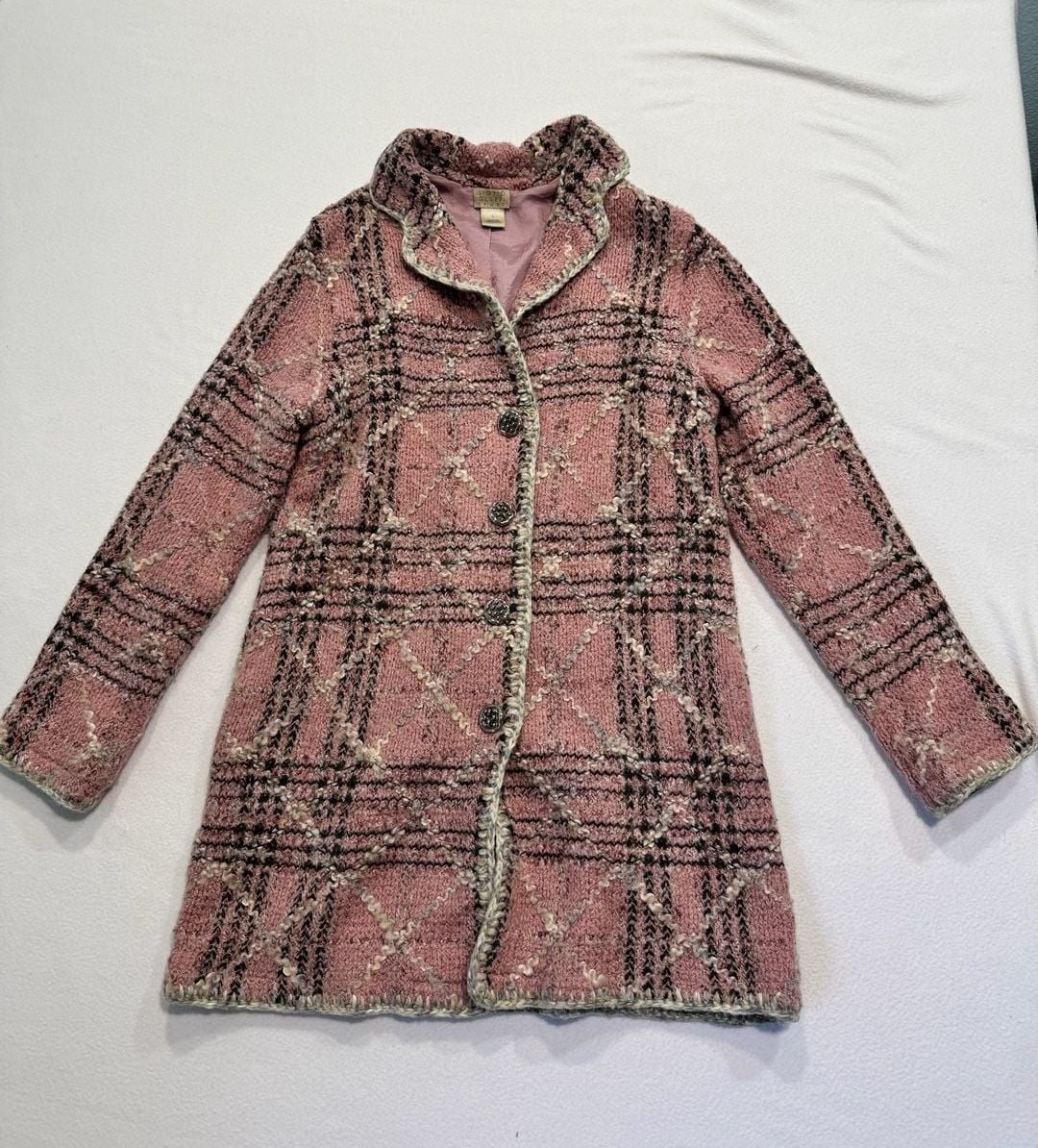 Sigrid Olsen Sport Women’s L Pink Plaid Boucle Wool Blend Coat Jacket 10