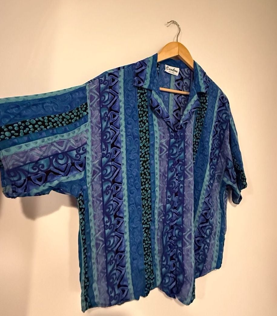 Caribou Button Down Shirt Blue Geometric Vintage 90s 3
