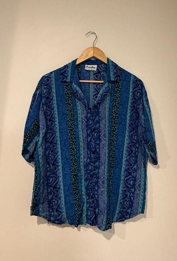 Caribou Button Down Shirt Blue Geometric Vintage 90s 2