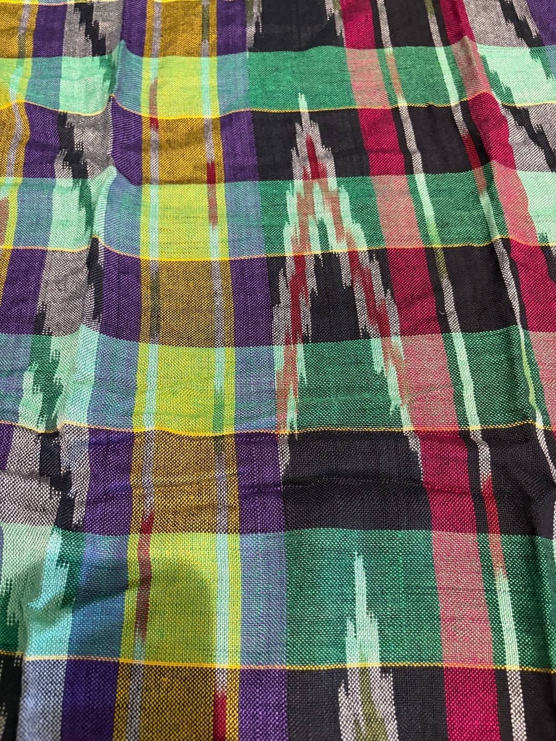 076-Handmade Multi Color Plaid Ikat Scarf 32”x33”Multi 5