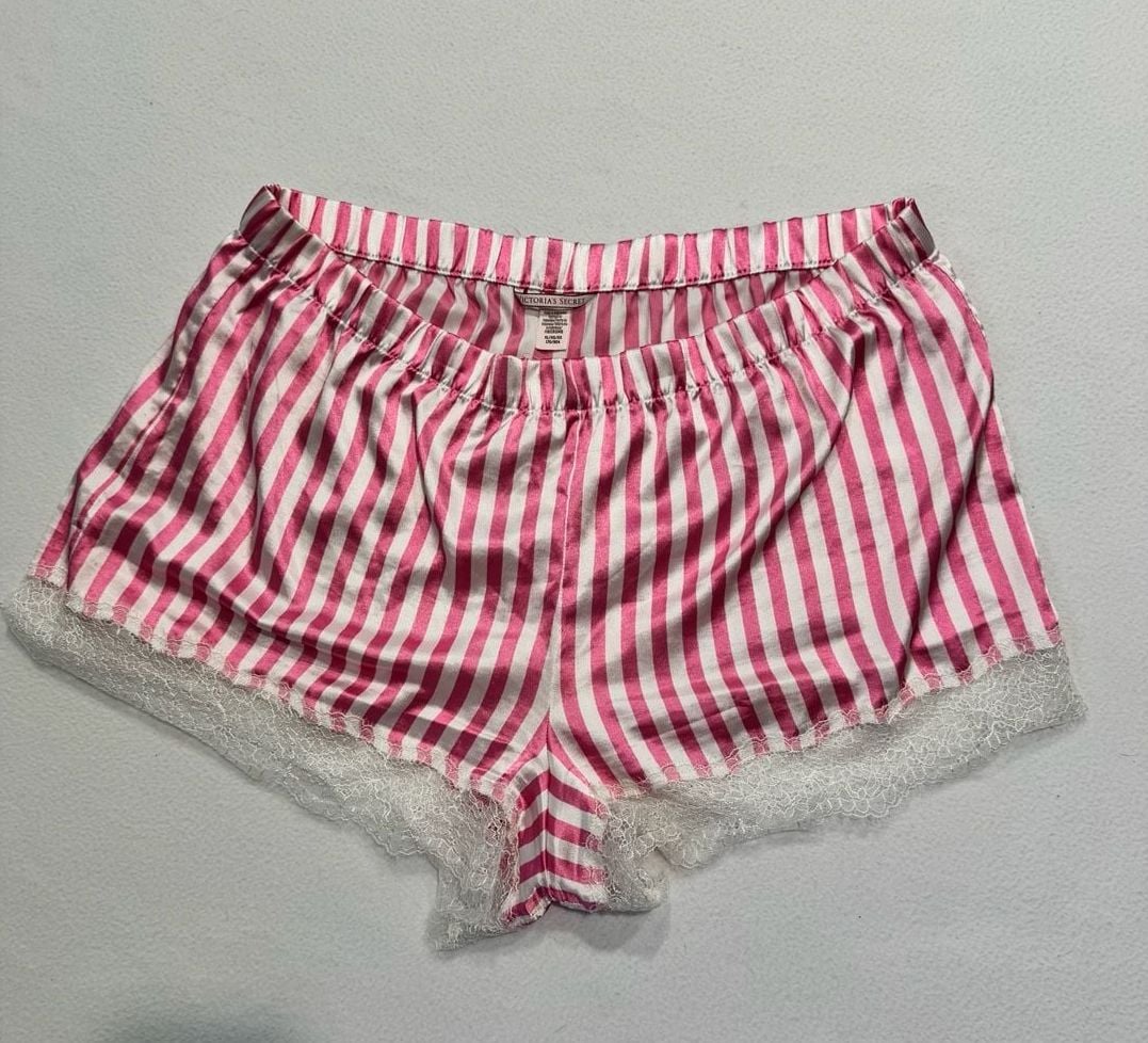 Victoria’s Secret XL Pink White Stripe Satin Lace Trim Sleep Shorts Pajama 5