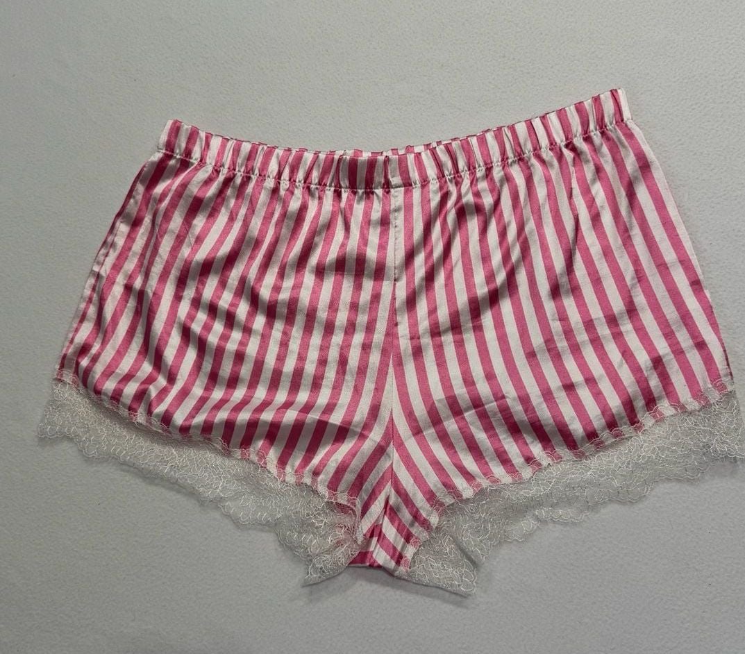 Victoria’s Secret XL Pink White Stripe Satin Lace Trim Sleep Shorts Pajama 6