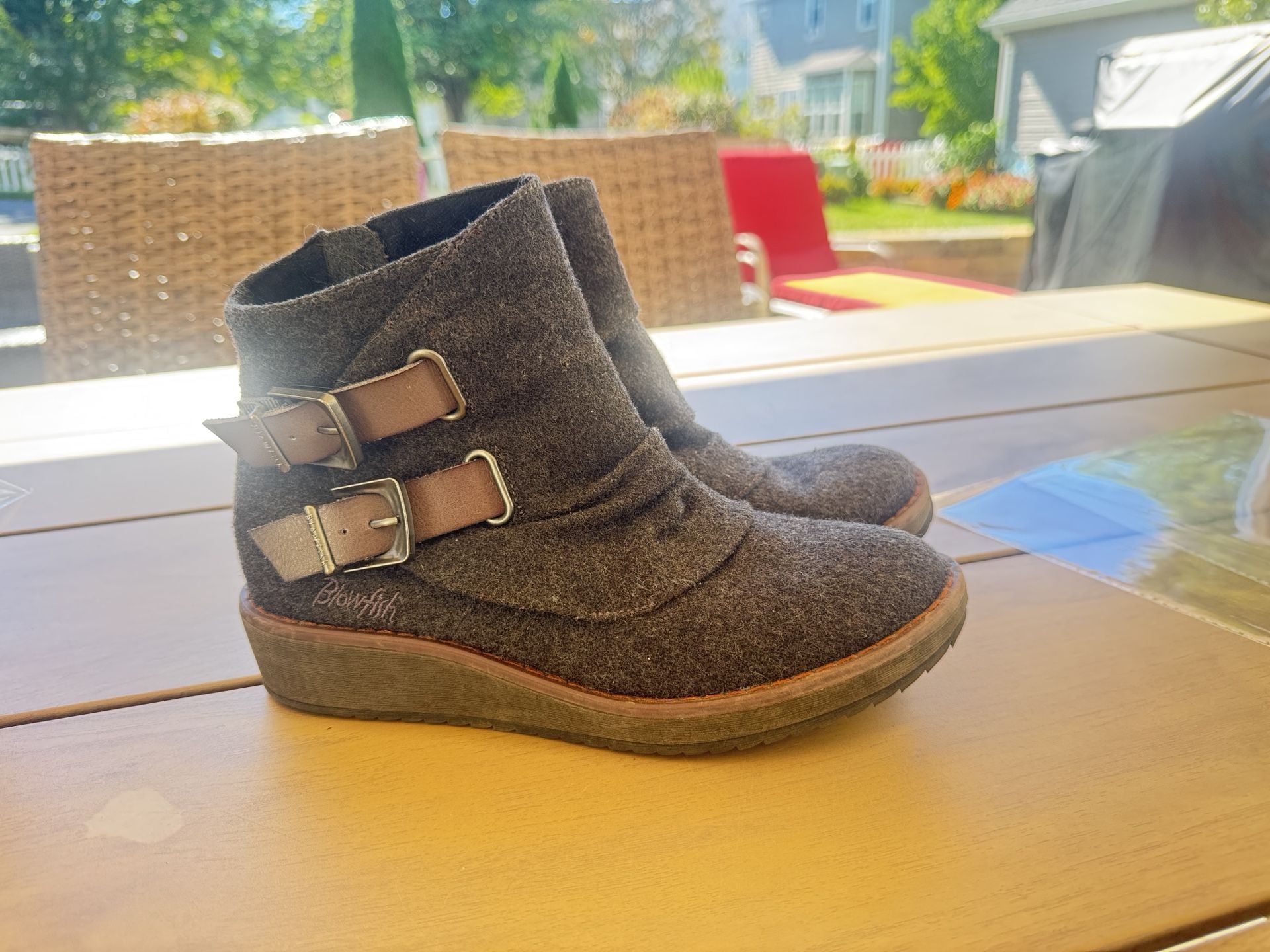 Blowfish Malibu S 7 Felt Ankle Booties Gray Buckles Wedge Heels 4