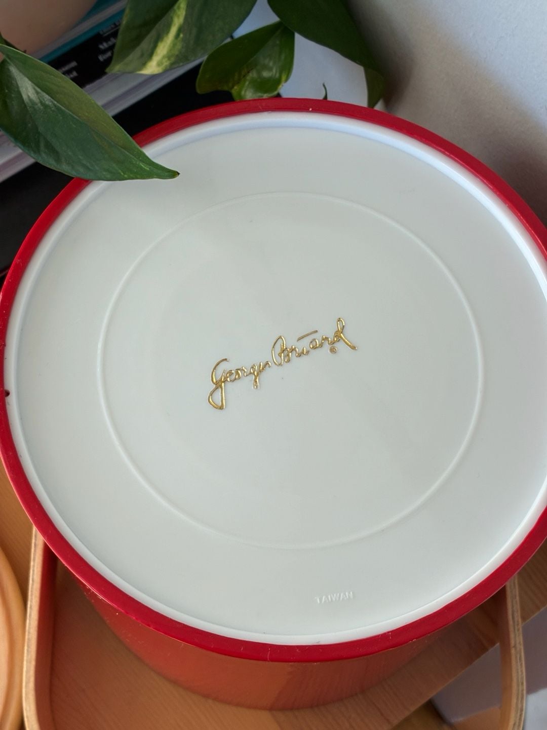 Georges Briard Red Ice Bucket Wooden Handle Lid 6