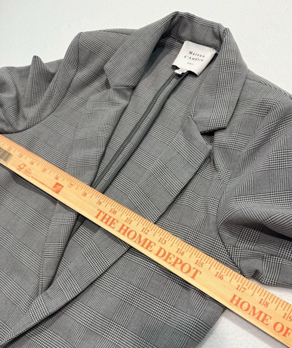 Anthropologie Maison d’Amélie XS Gray Plaid Longline Blazer Ruched Sleeve 4