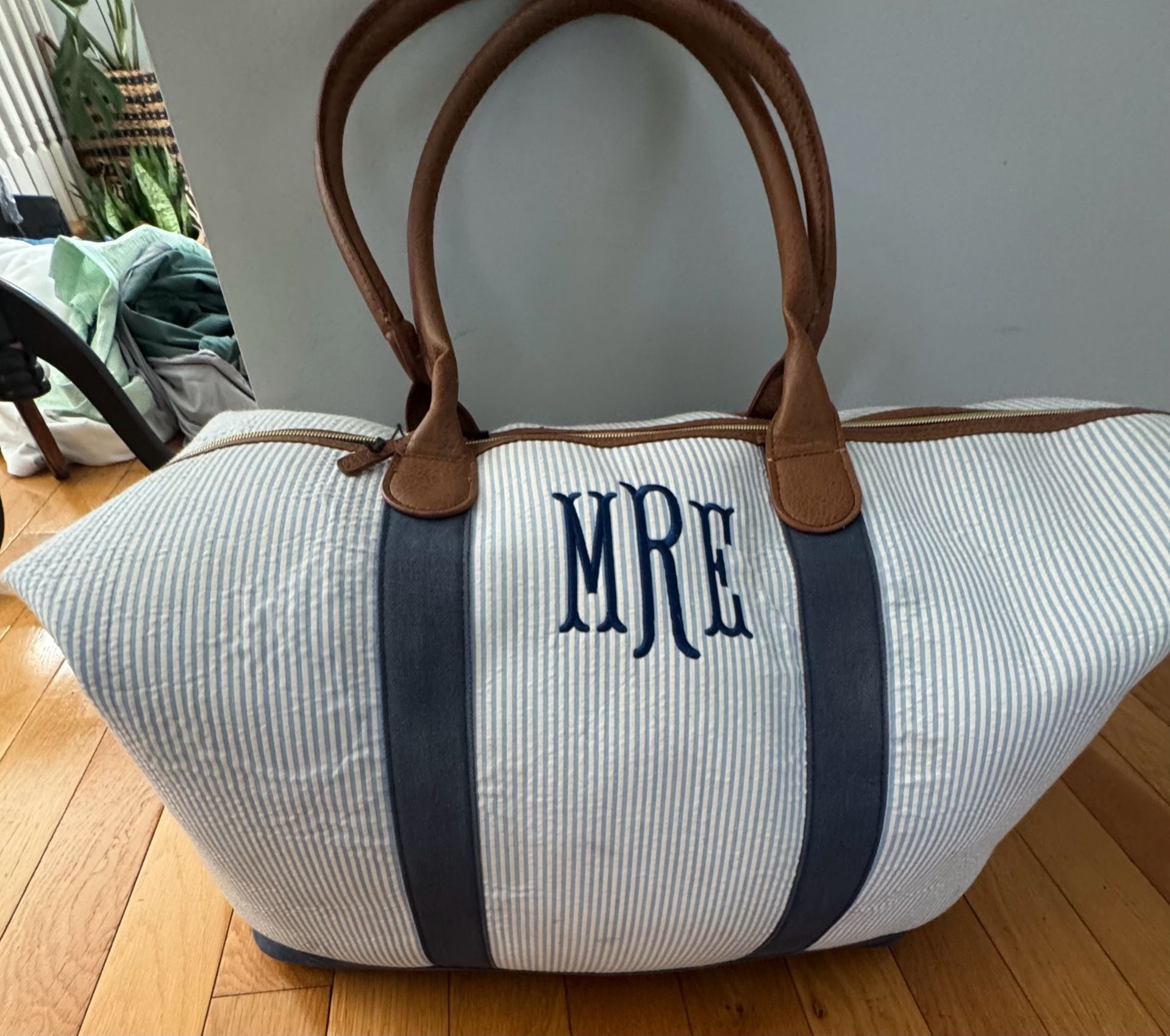 Marleylilly Seersucker Weekender Bag Blue Striped Monogrammed MRE 2