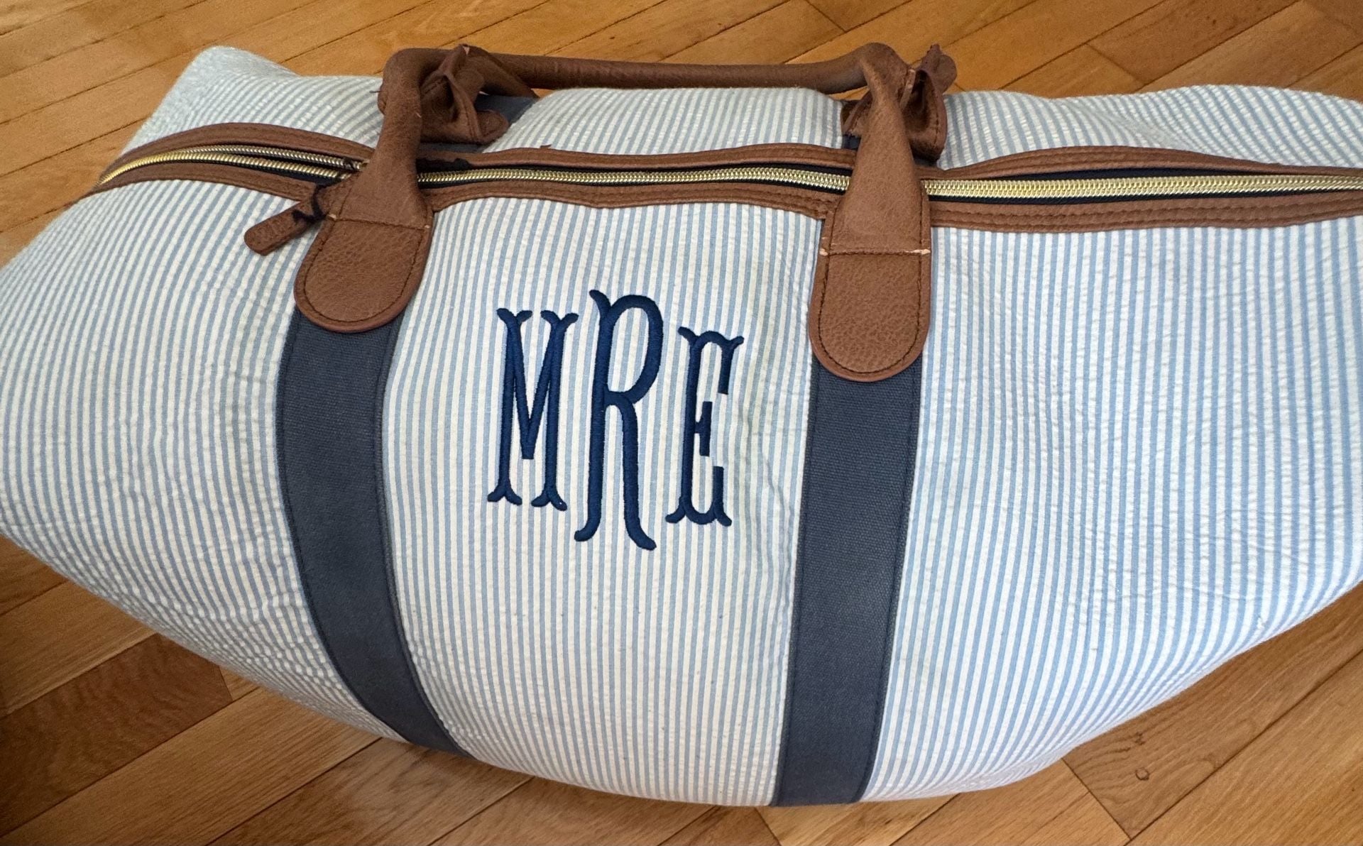 Marleylilly Seersucker Weekender Bag Blue Striped Monogrammed MRE 4