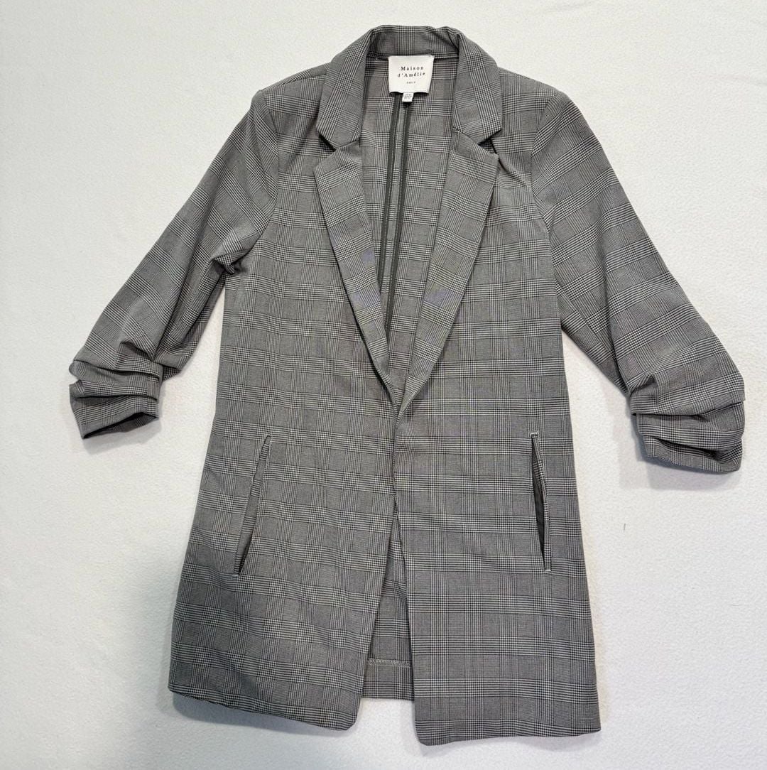 Anthropologie Maison d’Amélie XS Gray Plaid Longline Blazer Ruched Sleeve 10