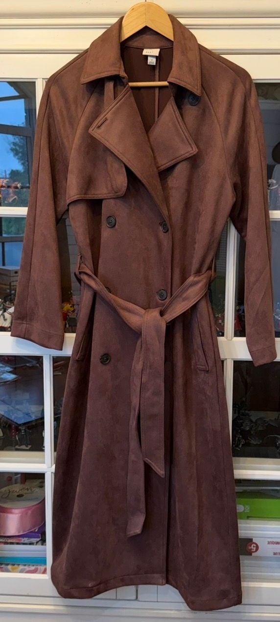 A New Day Faux Suede Trench Coat Size S Brown Belted Double Breasted 2