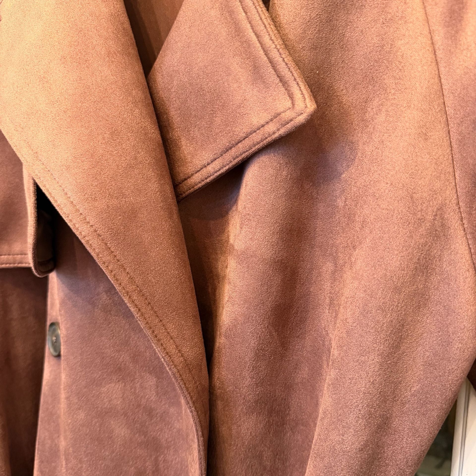 A New Day Faux Suede Trench Coat Size S Brown Belted Double Breasted 3