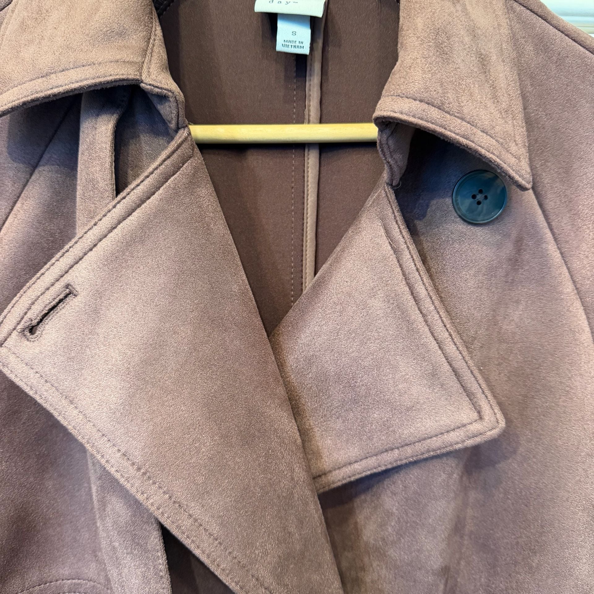 A New Day Faux Suede Trench Coat Size S Brown Belted Double Breasted 4