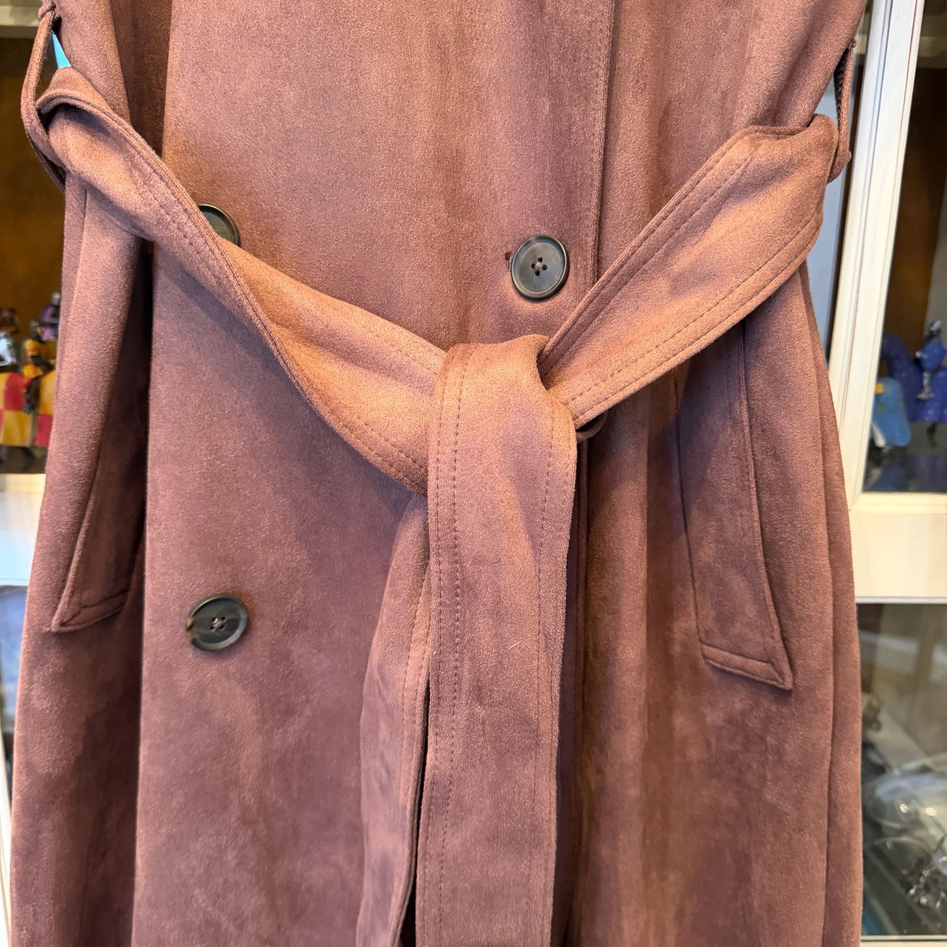 A New Day Faux Suede Trench Coat Size S Brown Belted Double Breasted 5