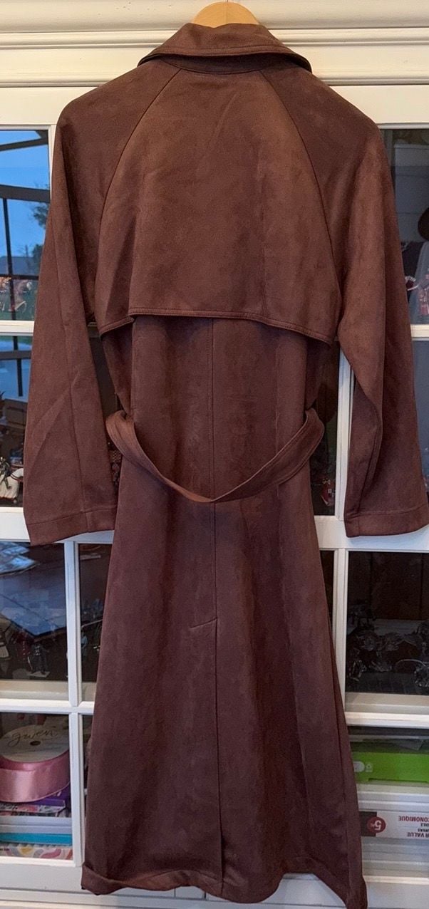 A New Day Faux Suede Trench Coat Size S Brown Belted Double Breasted 8
