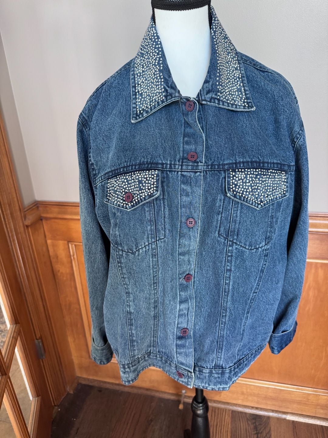 Keren Hart Rhinestone Collar Denim Jacket XL Blue Cotton 2