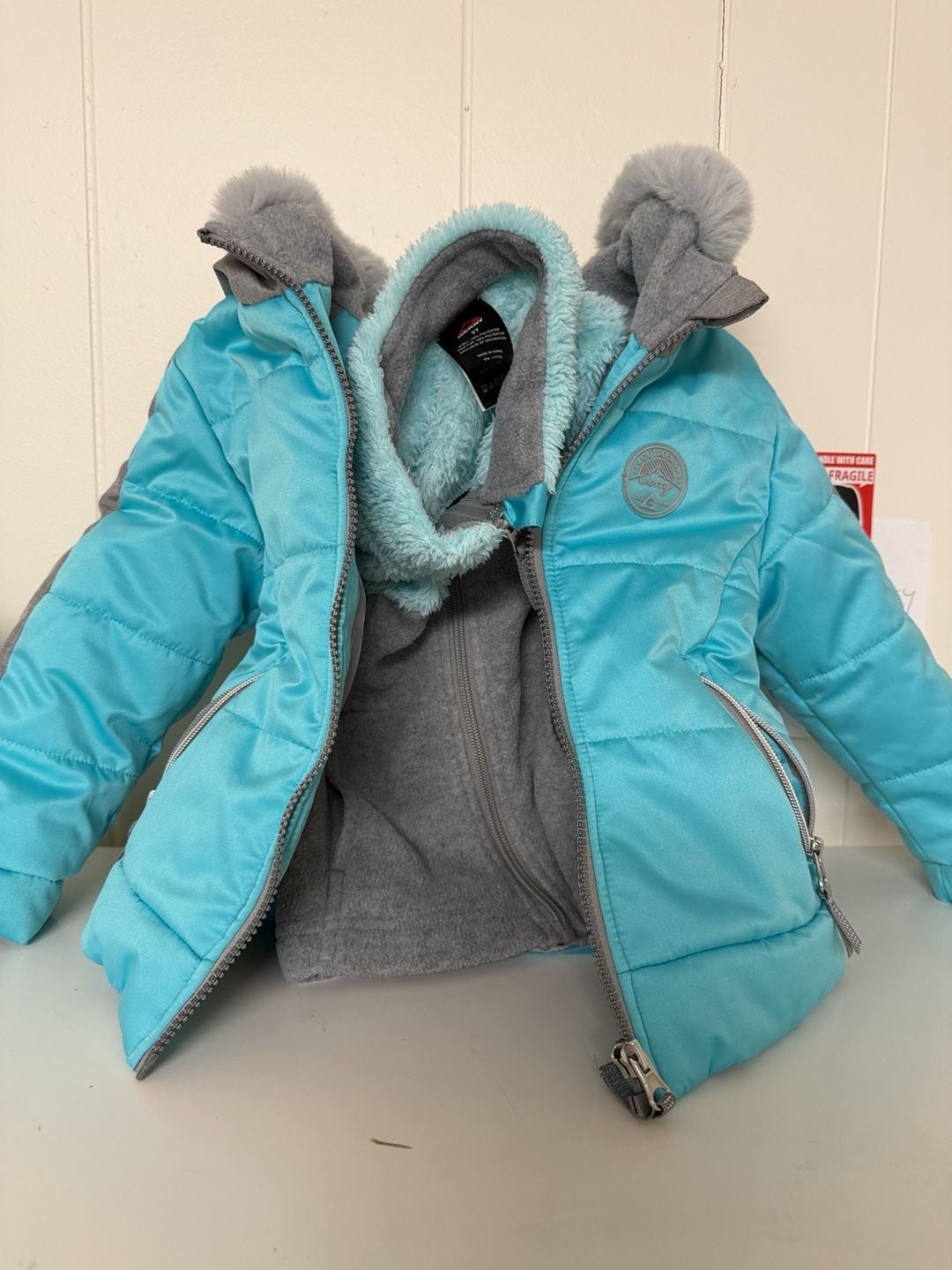 Gerry 3-in-1 Puffer Jacket Size 3T Teal Gray Fleece Hood 1