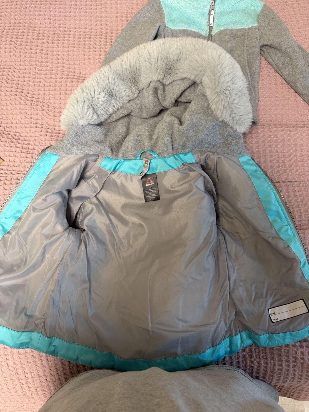 Gerry 3-in-1 Puffer Jacket Size 3T Teal Gray Fleece Hood 3