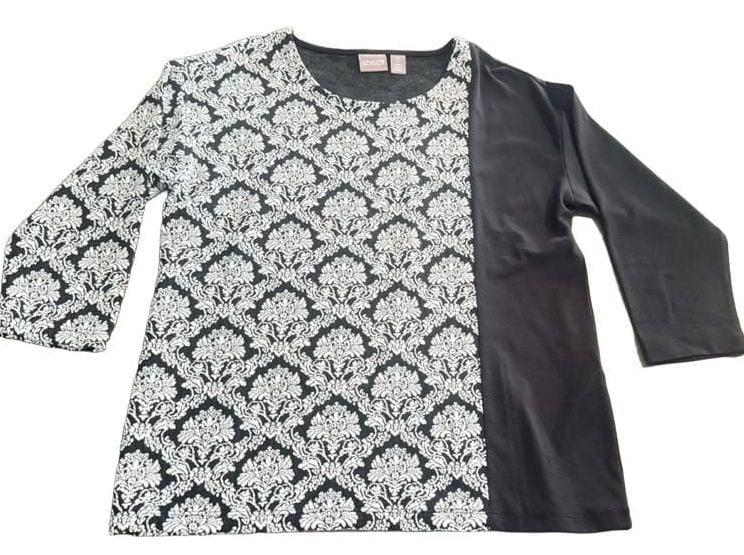 Chico's Damask Top Size 0 Black White 3/4 Sleeve Blouse 2