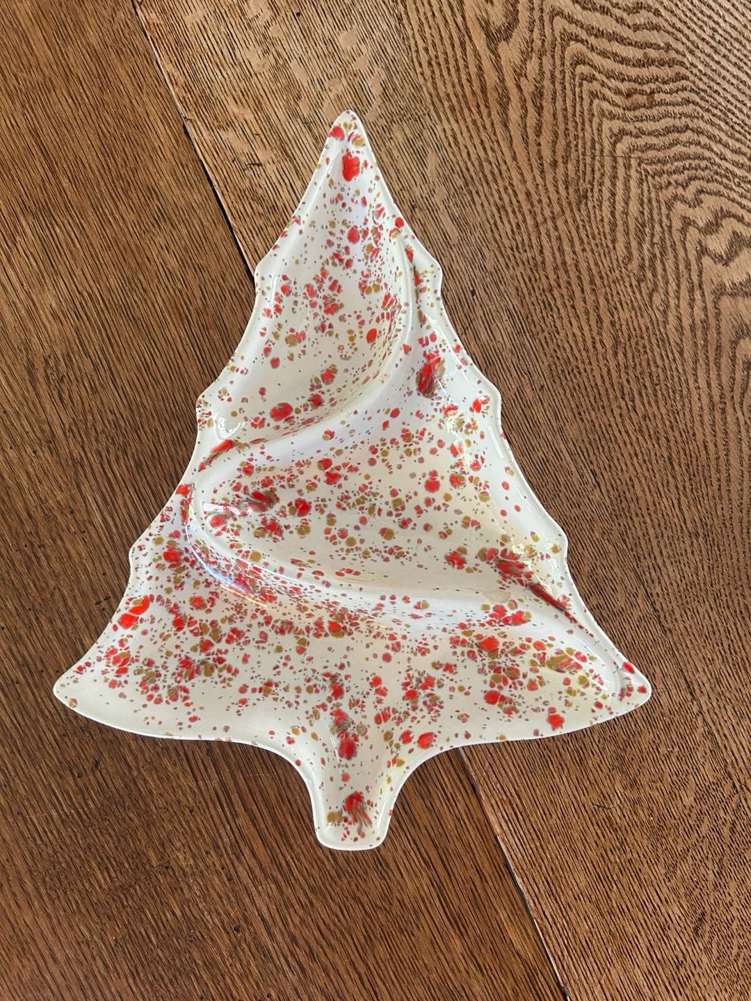 Vintage Ceramic Christmas Tree Divided Dish Catchall Red Gold Spatter 1