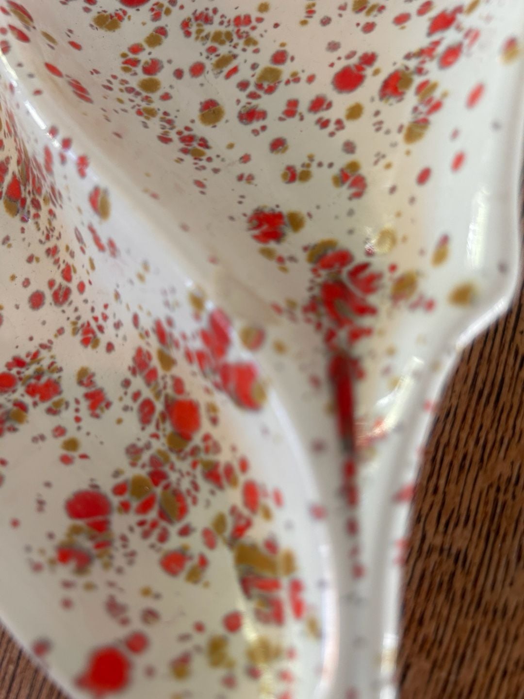 Vintage Ceramic Christmas Tree Divided Dish Catchall Red Gold Spatter 2