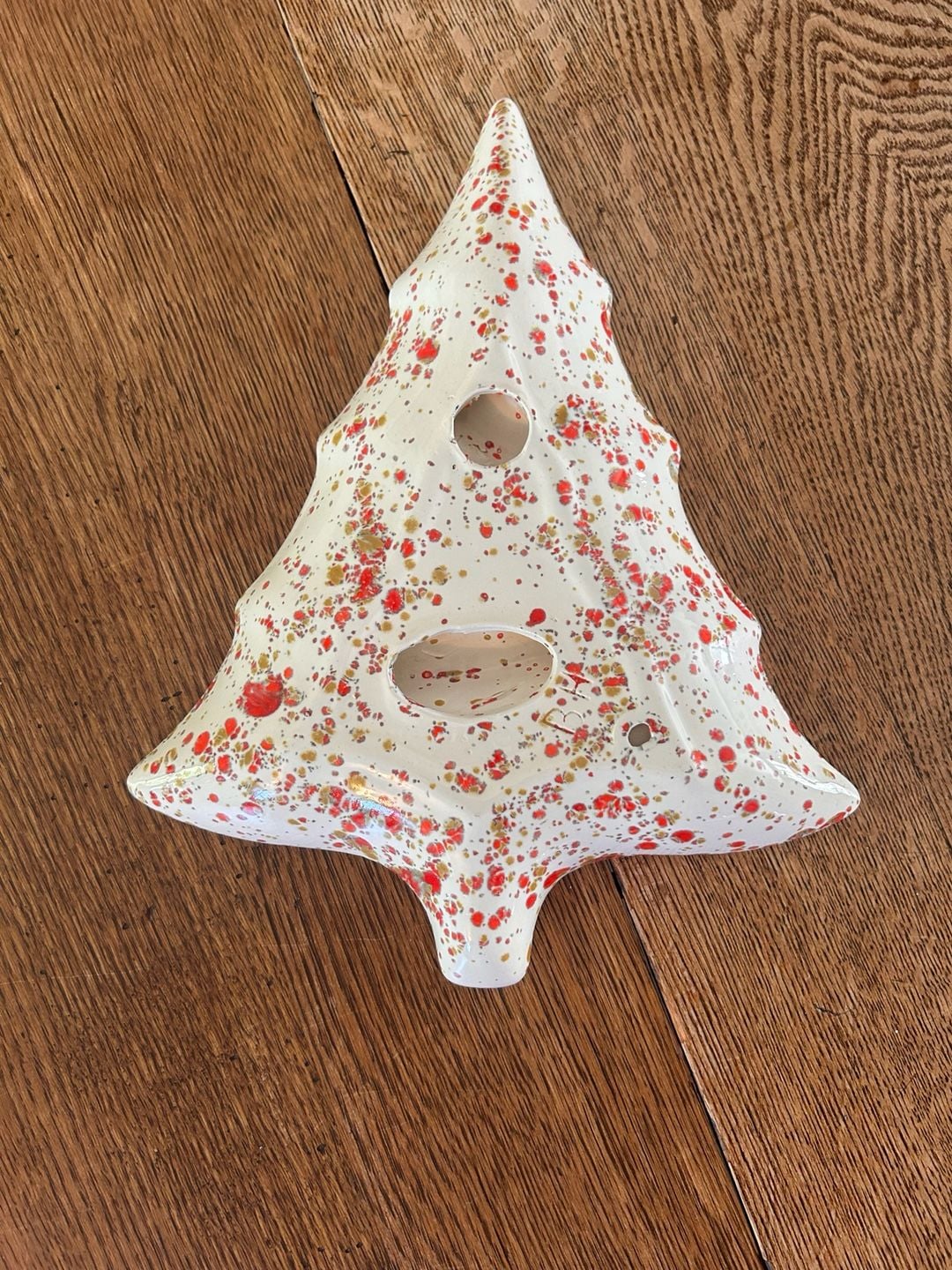 Vintage Ceramic Christmas Tree Divided Dish Catchall Red Gold Spatter 3