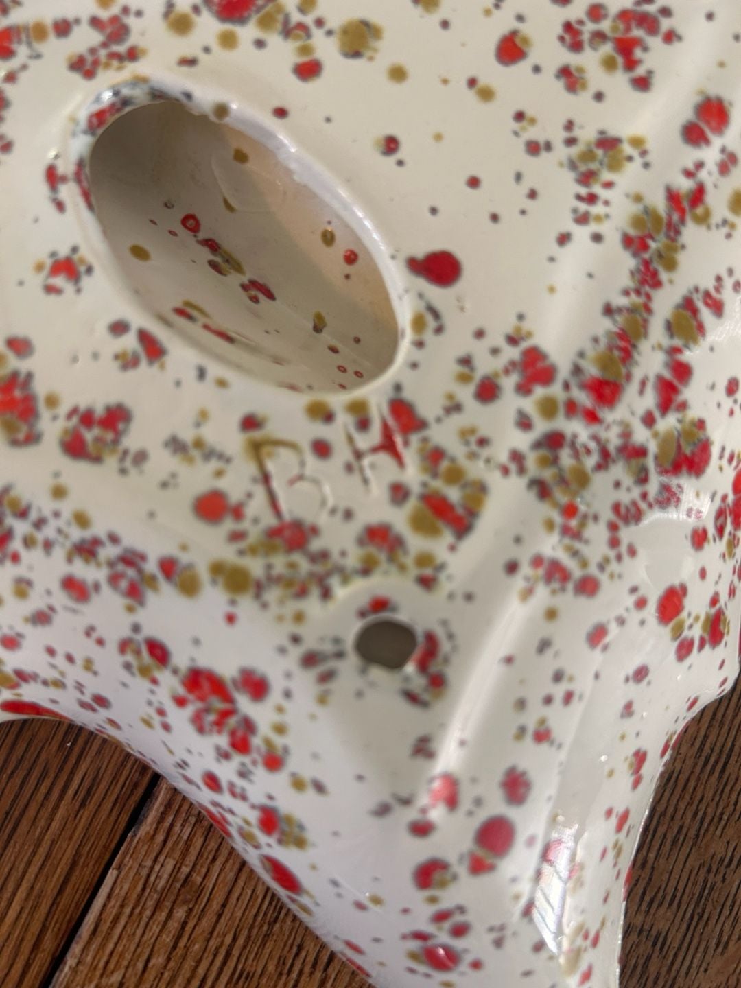 Vintage Ceramic Christmas Tree Divided Dish Catchall Red Gold Spatter 4