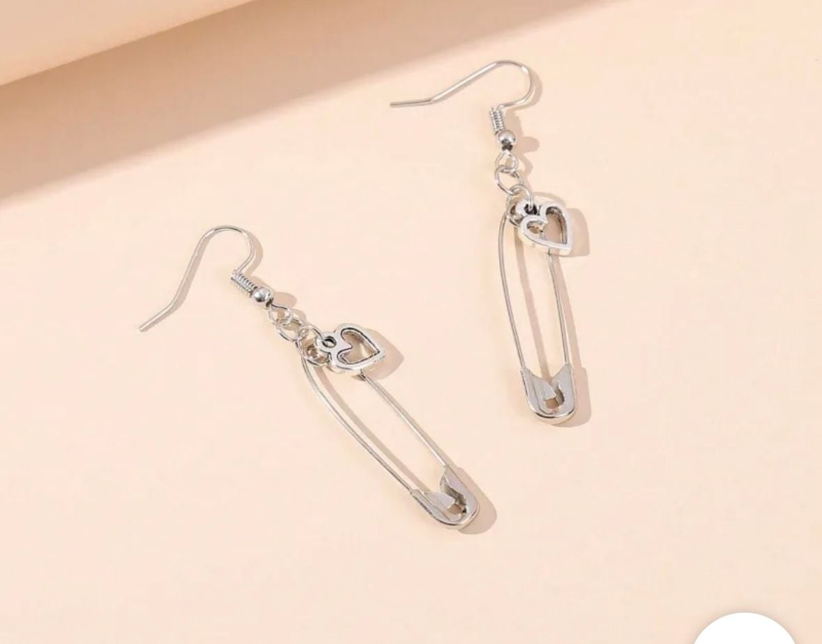 Heart Safety Pin Dangle Earrings Silver Tone 2