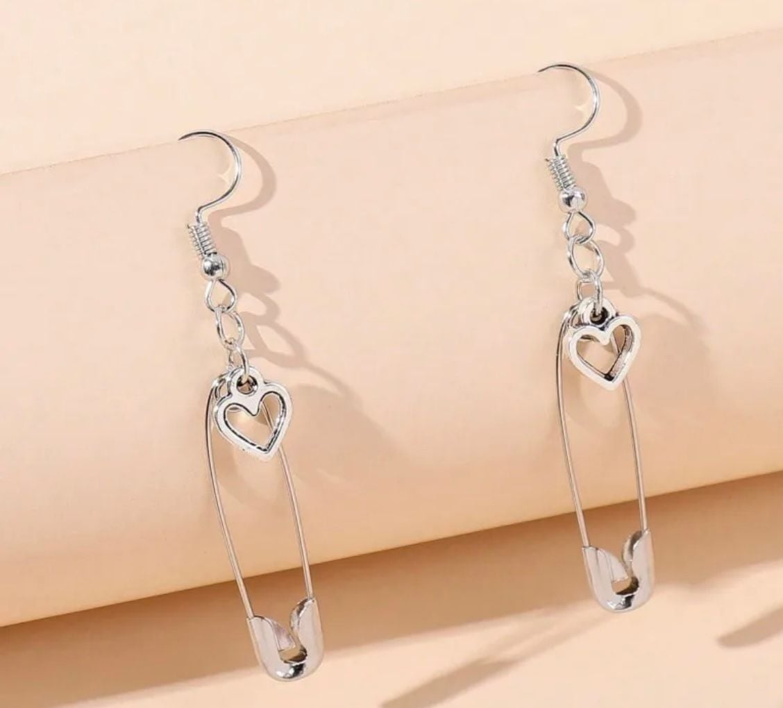Heart Safety Pin Dangle Earrings Silver Tone 3