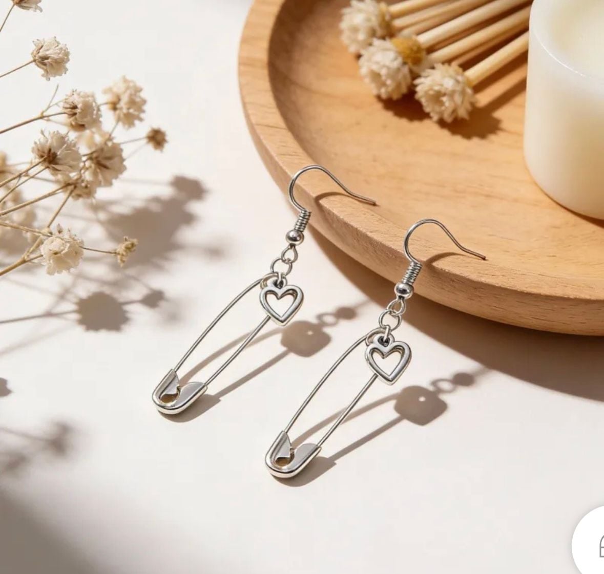 Heart Safety Pin Dangle Earrings Silver Tone 4