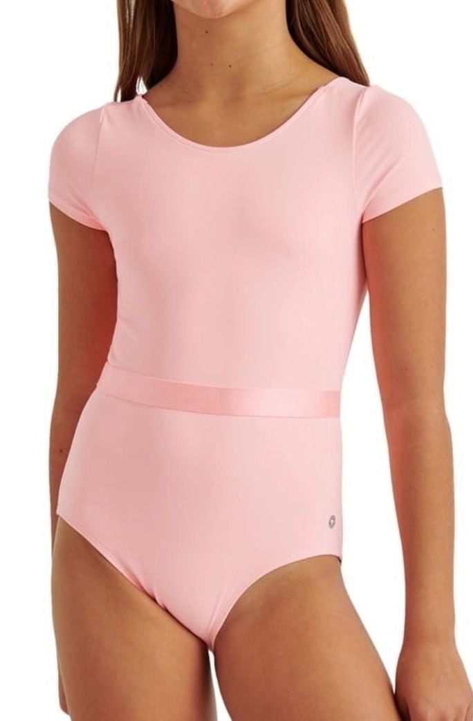 NWT Justice Cap Sleeve Leotard Size XL (16/18) Pink Satin Ribbon Waist Bow Back 2