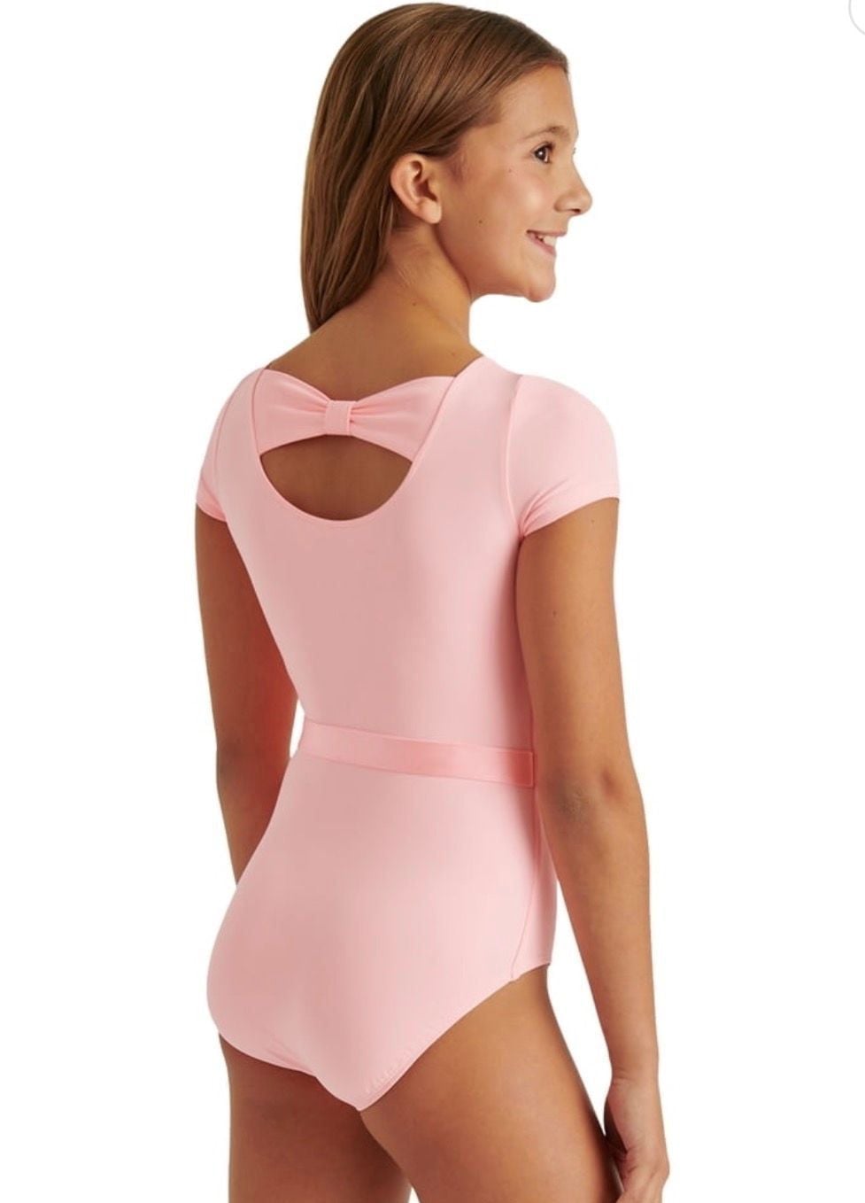 NWT Justice Cap Sleeve Leotard Size XL (16/18) Pink Satin Ribbon Waist Bow Back 3
