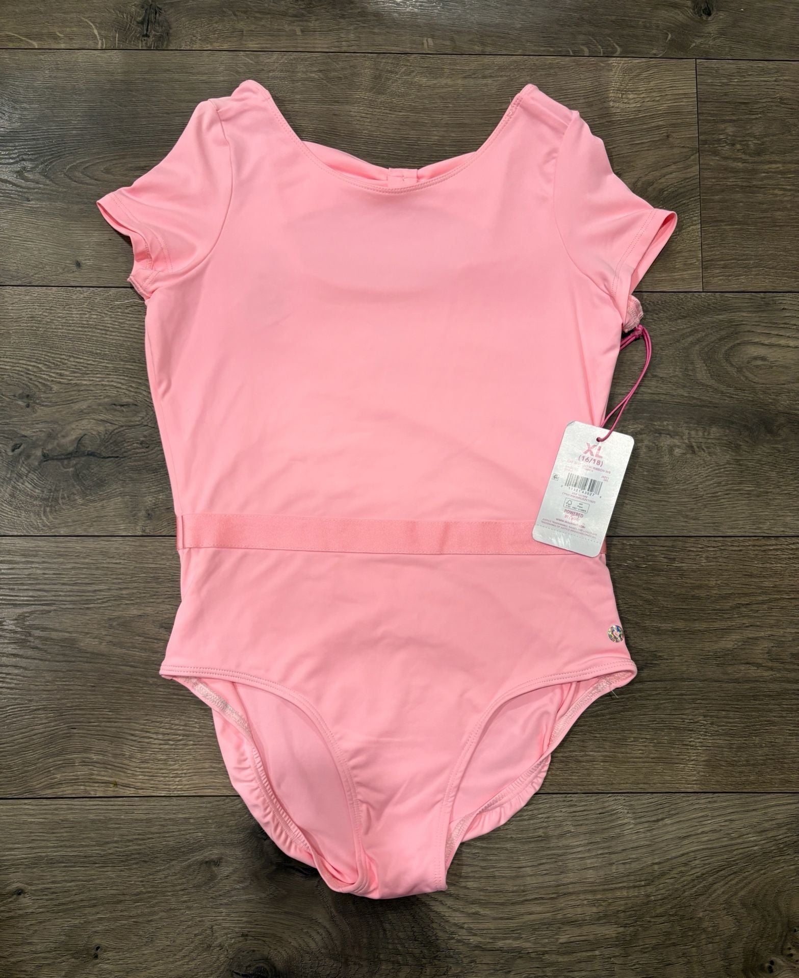 NWT Justice Cap Sleeve Leotard Size XL (16/18) Pink Satin Ribbon Waist Bow Back 6