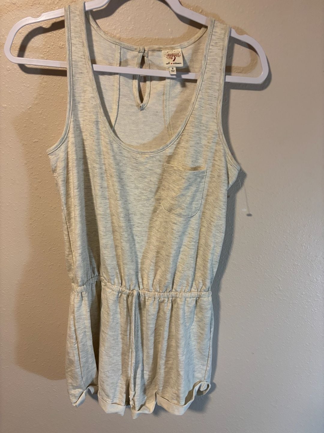Self Esteem Romper Size S Gray White Heather Sleeveless Pocket Drawstring 2