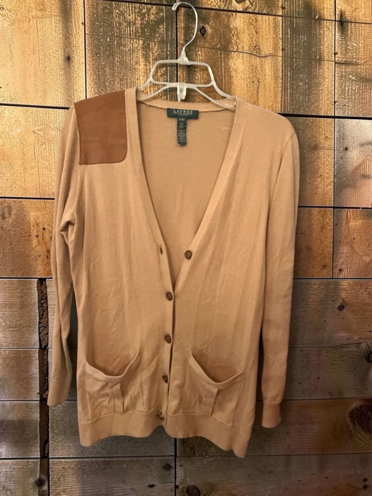 Lauren Ralph Lauren Cardigan Size P/M Tan Cotton Patch 4