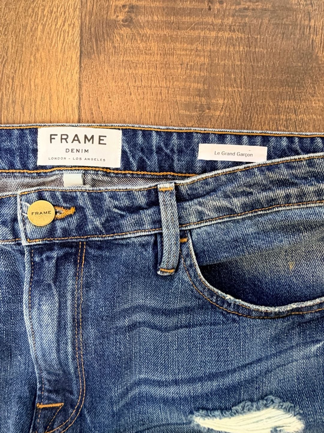 FRAME Denim Le Grand Garçon Distressed Straight Jeans Size 32 Blue 3
