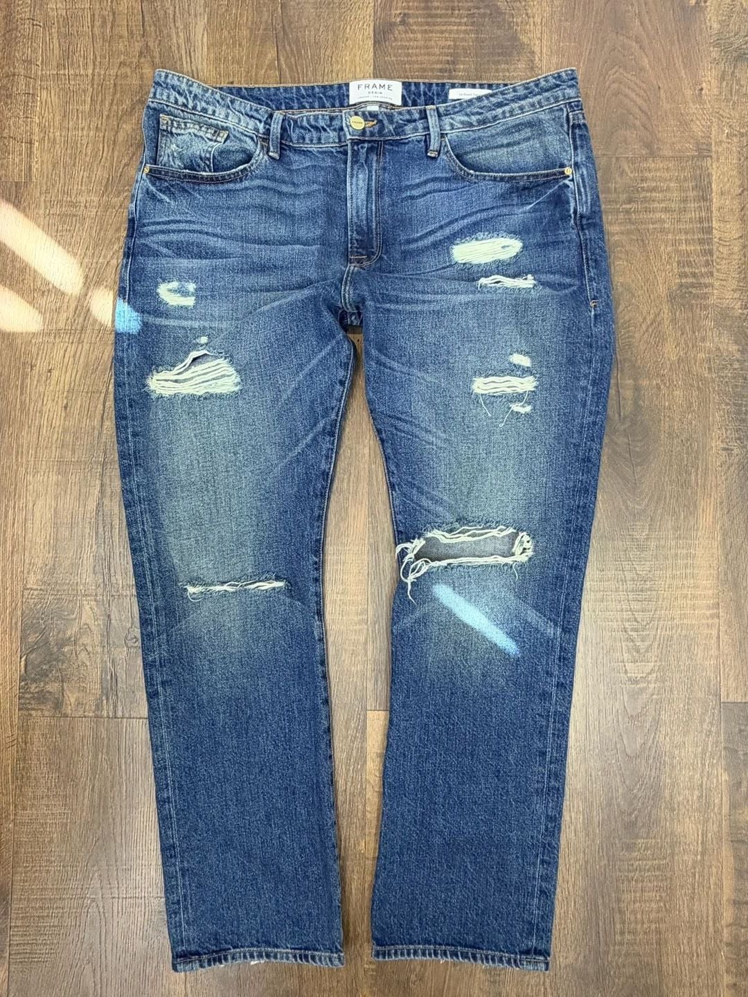 FRAME Denim Le Grand Garçon Distressed Straight Jeans Size 32 Blue 2