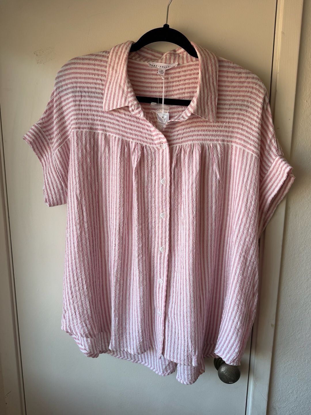 Jane & Delancey Button-Up Shirt Size XL Pink White Striped Short Sleeve 2