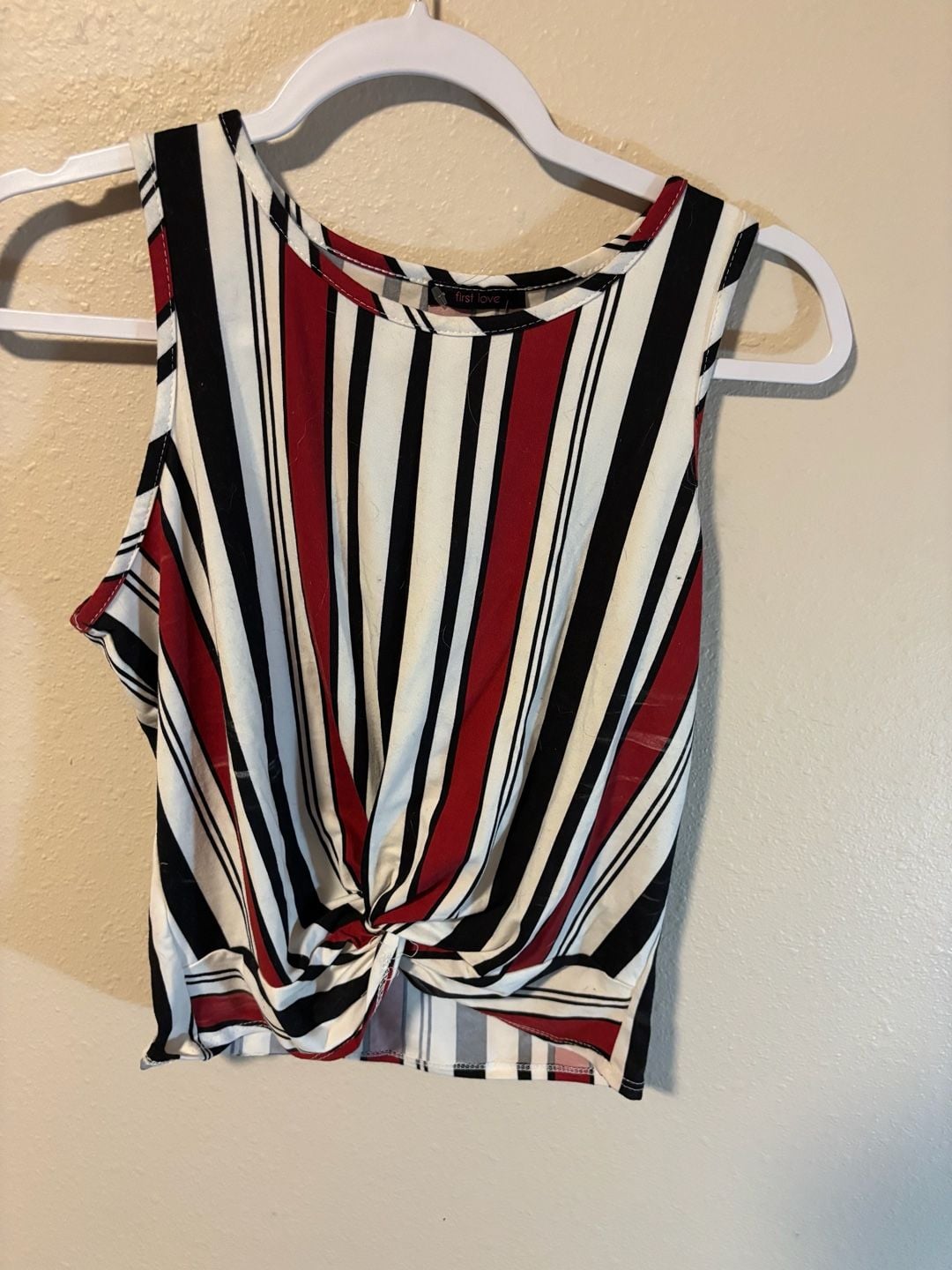 First Love Striped Tank Top Size X-Large Red Black White Twist Front 2