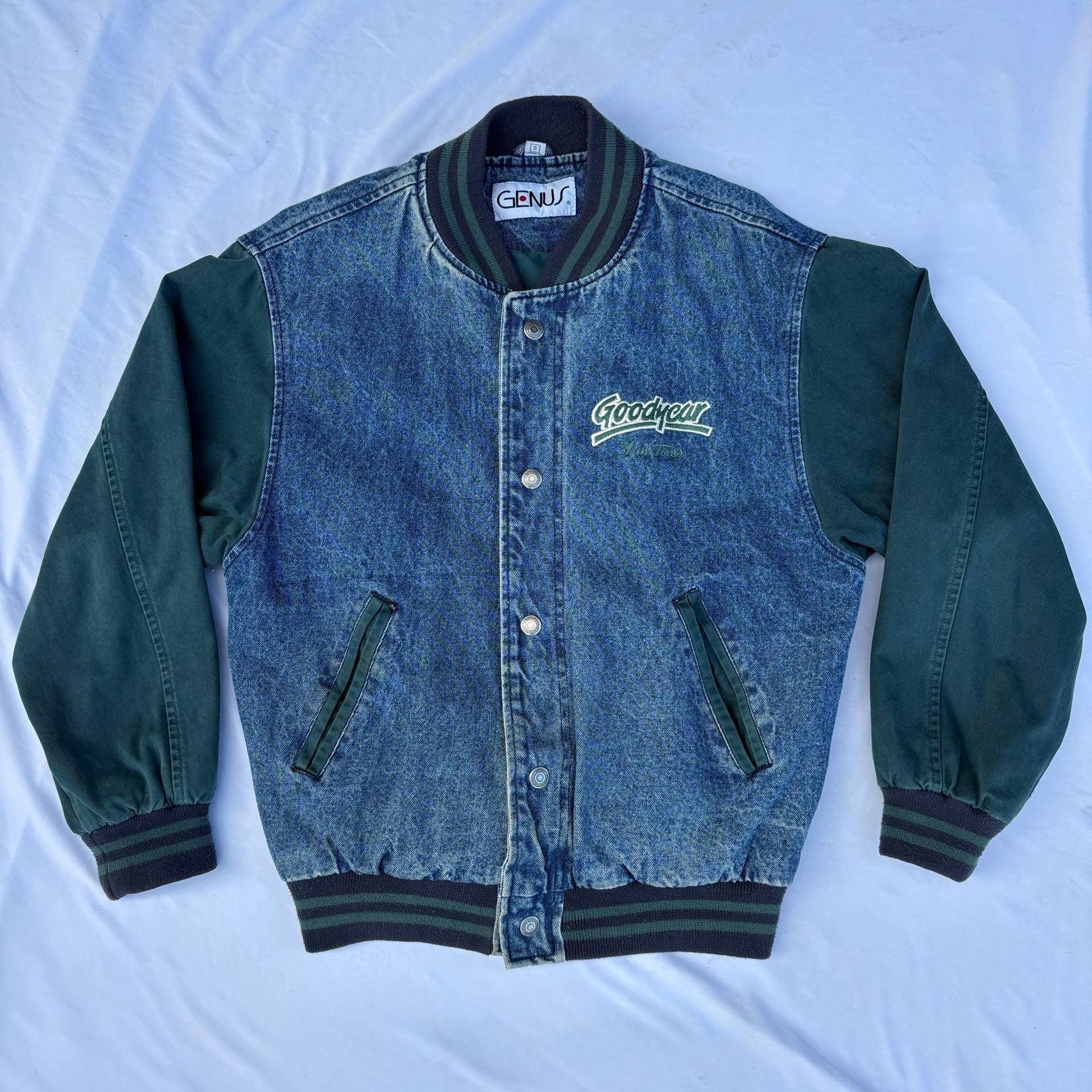VTG 90s Genus Goodyear Tires Denim Varsity Jacket Small Blue Green Bomber 2