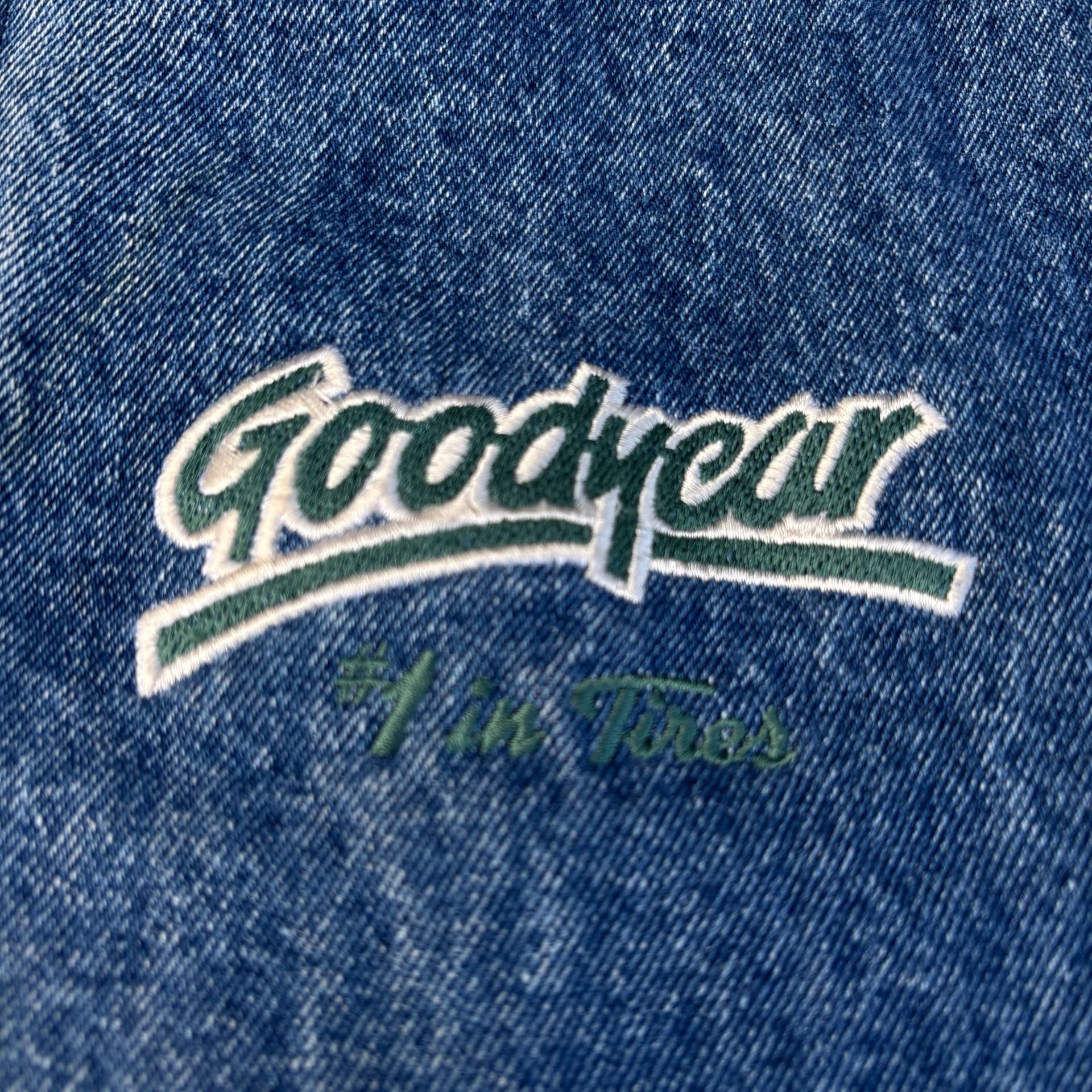 VTG 90s Genus Goodyear Tires Denim Varsity Jacket Small Blue Green Bomber 3