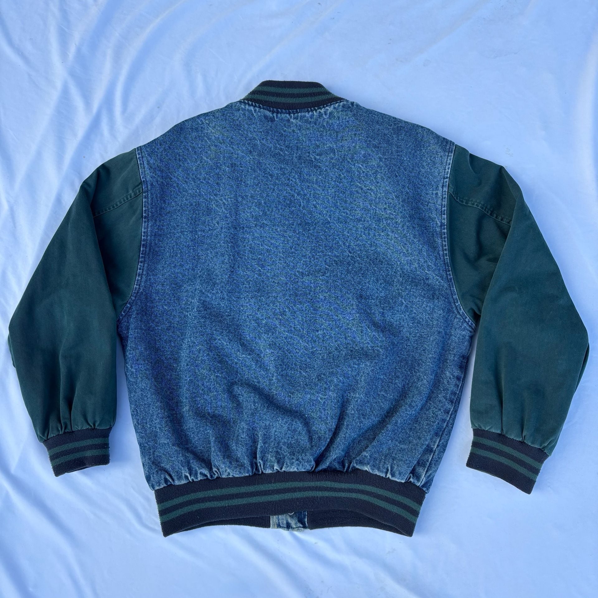 VTG 90s Genus Goodyear Tires Denim Varsity Jacket Small Blue Green Bomber 4