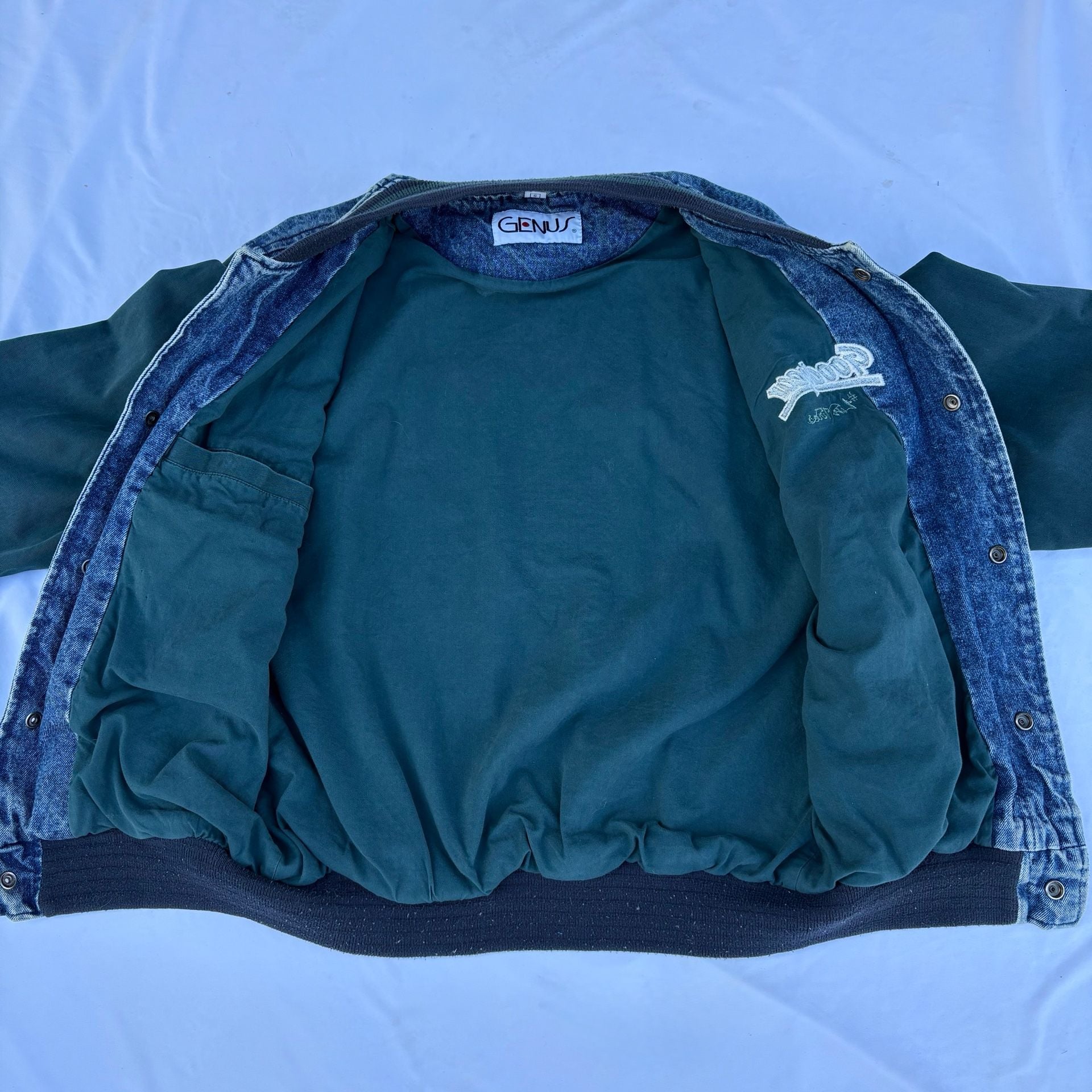 VTG 90s Genus Goodyear Tires Denim Varsity Jacket Small Blue Green Bomber 5