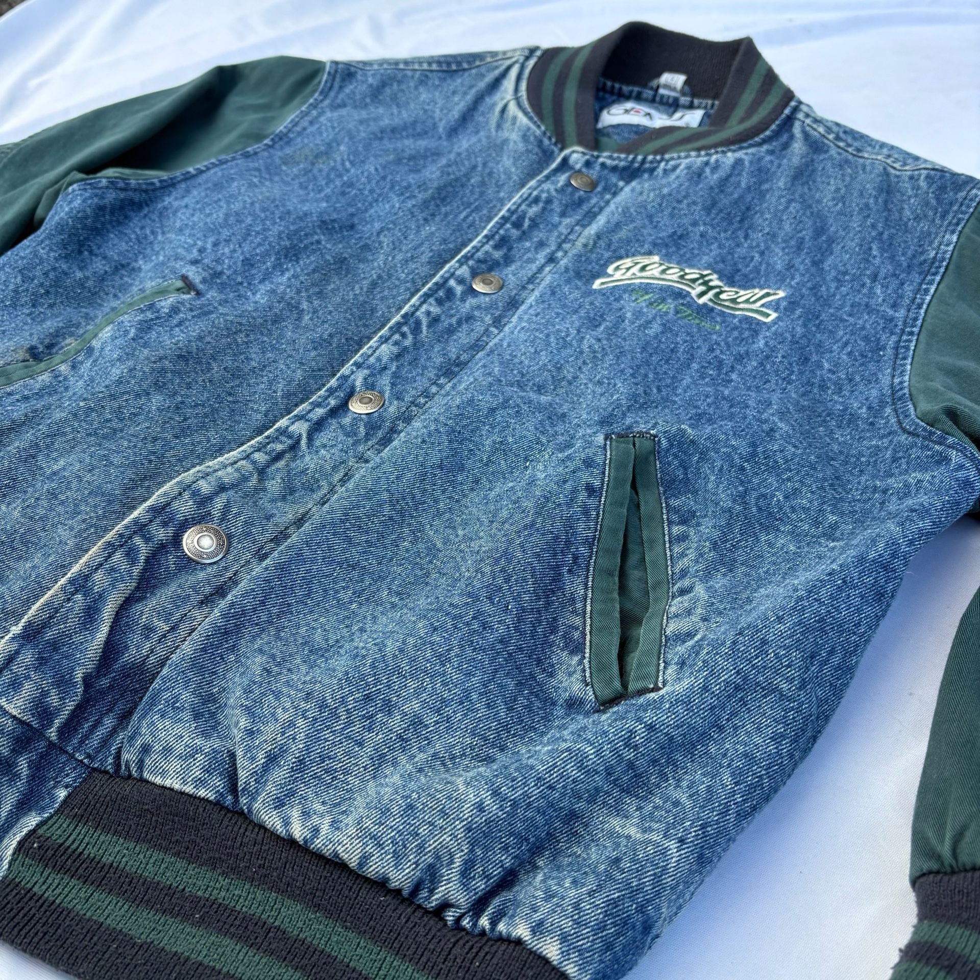 VTG 90s Genus Goodyear Tires Denim Varsity Jacket Small Blue Green Bomber 10