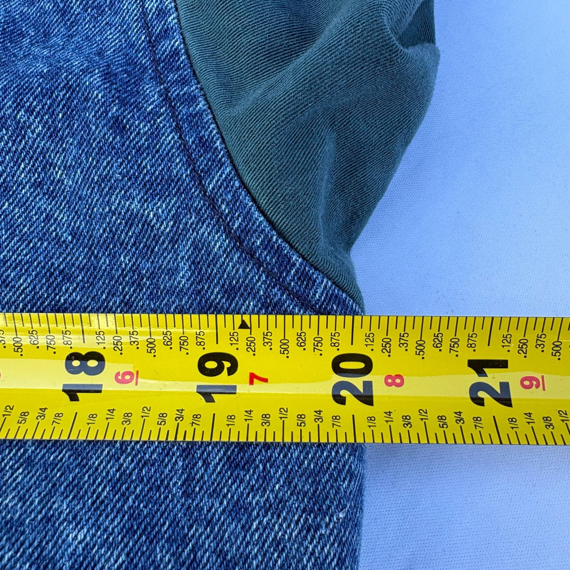 VTG 90s Genus Goodyear Tires Denim Varsity Jacket Small Blue Green Bomber 12